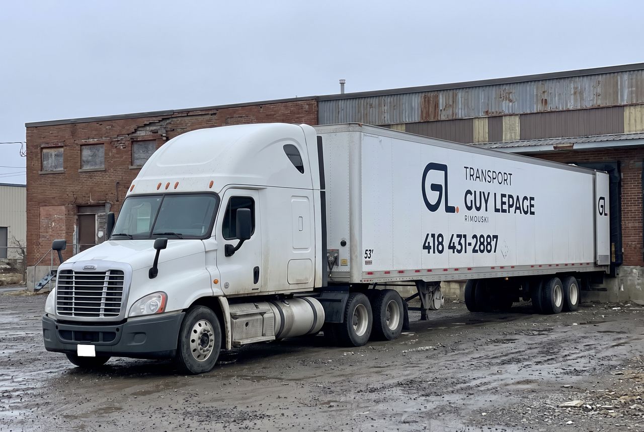 Camion de Transport Guy Lepage garé près d'un quai de chargement en brique, par temps gris
